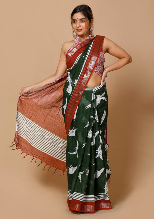 LINEN COTTON HAND BLOCK PRINT SAREE WITH BLOUSE!!