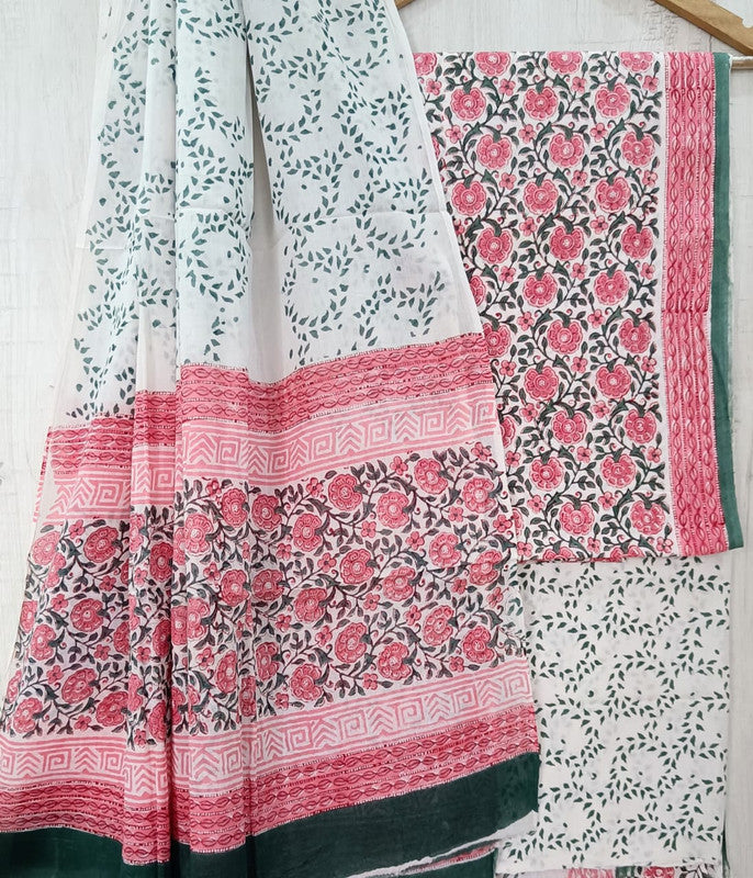 Pink & White Coloured Unstitched Pure Cotton Hand Block Printed Women Party/Daily wear Dress Material Suit- Top with Bottom & Cotton Dupatta!!