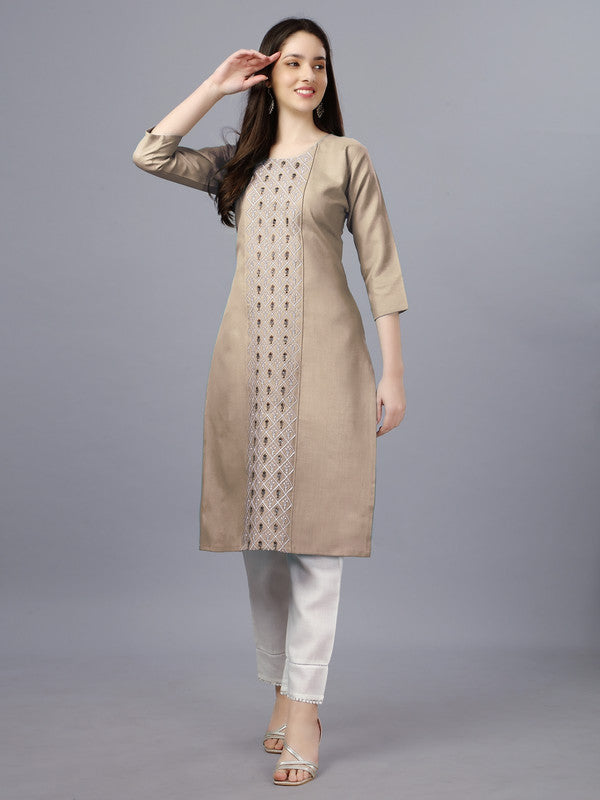 Beige Coloured Pure Cotton with Embroidery work Women Designer Daily wear Kurti!!