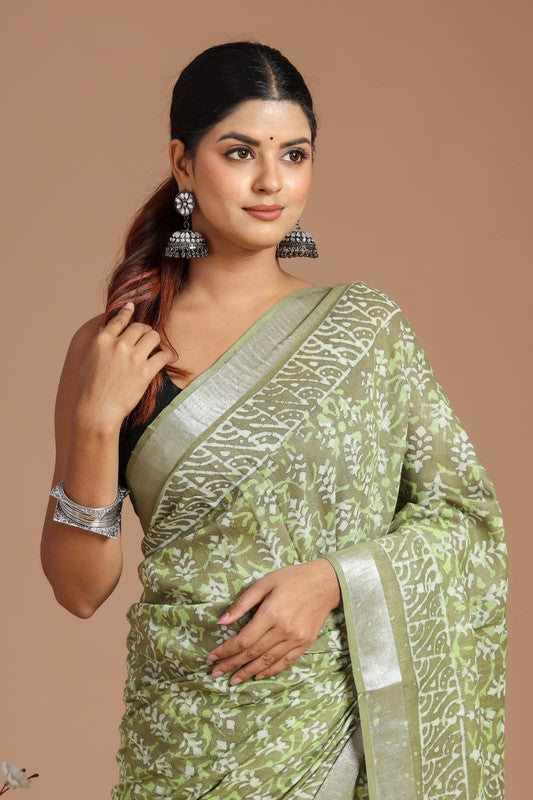 Light Green & Multi Coloured Linen Cotton Beautiful Hand Block printed Women Daily/Party wear Saree with Blouse!!