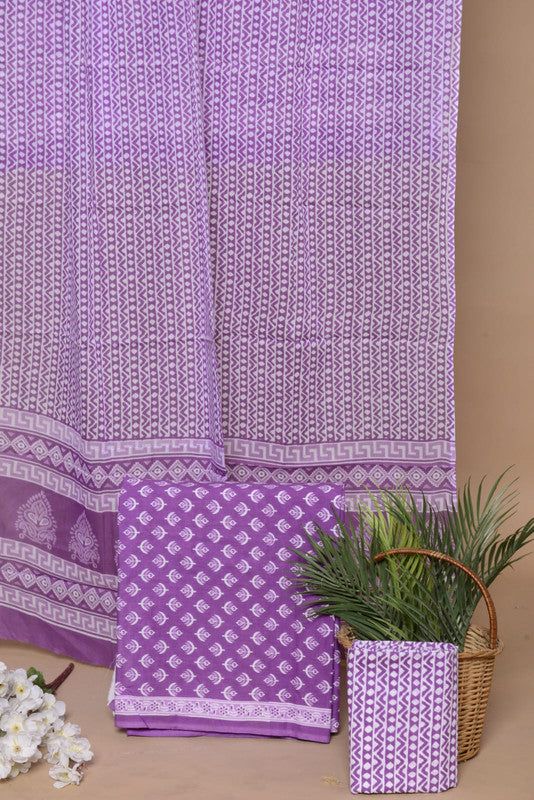 Purple & White Coloured Unstitched Pure Cotton Exclusive Hand Block Printed Women Party/Daily wear Dress Material Suit- Top with Bottom &  Mul Cotton Dupatta!!