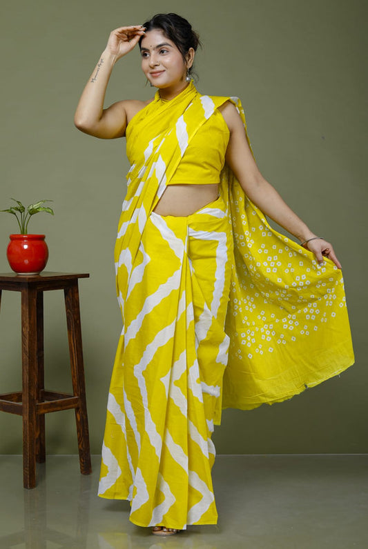 Yellow & White Coloured Hand Printed Super dying Quality Mul Cotton Women Daily wear Saree with Blouse!!