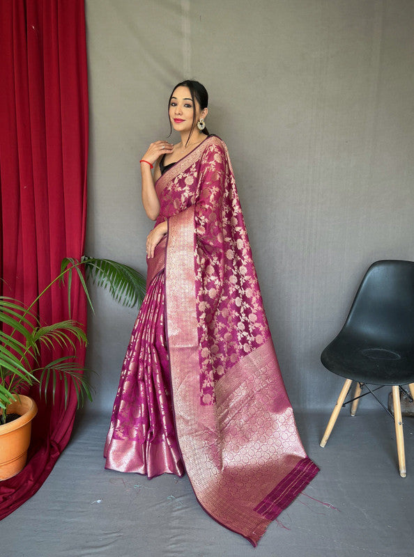 Dark Pink Coloured Pure Linen Cotton with Copper Weaving Women Designer Party wear Linen Cotton Saree with Brocade Blouse!!