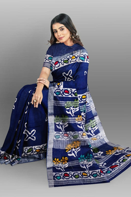 Blue & Multi Coloured Linen Cotton Beautiful Hand Block printed Women Daily/Party wear Saree with Blouse!!