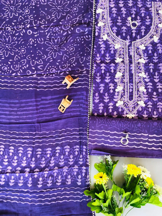 Purple & White Coloured Cotton Unstitched Hand Block Printed Women Party/Daily wear Dress Material Suit- Top with Bottom & Cotton Dupatta!!