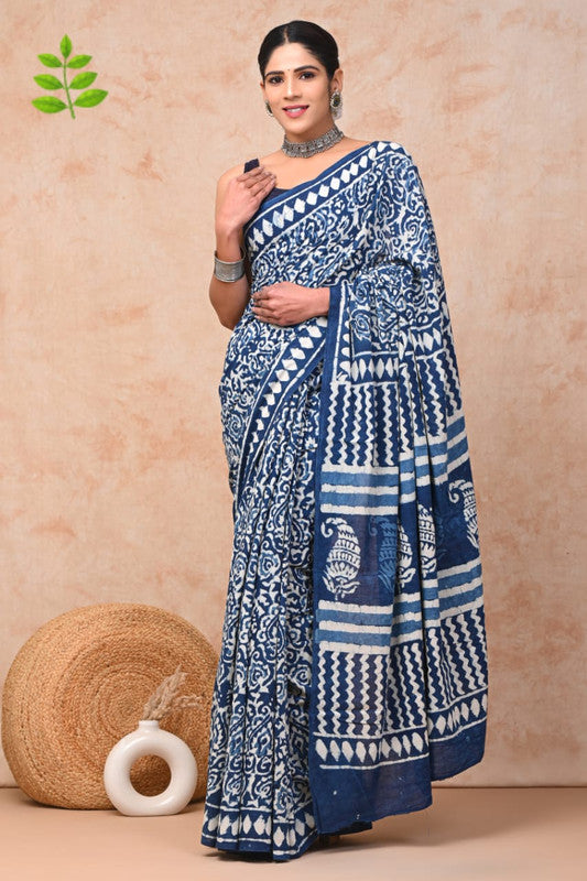 Blue & White Coloured Beautiful Hand Block printed Women Daily/Party wear Pure Cotton Saree with Blouse!!