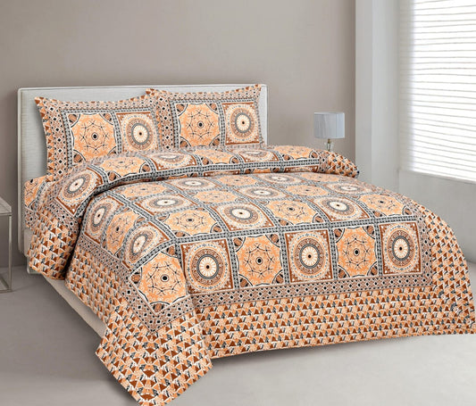 Orange & Multi Coloured Pure Cotton Beautiful Hand Printed Queen size Double Bed sheet with 2 Pillow covers!!