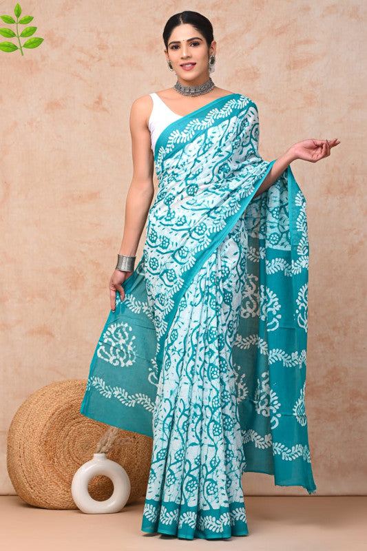 Light Green & White Coloured Pure Cotton Beautiful Hand Block printed Women Daily/Party wear Saree with Blouse!!