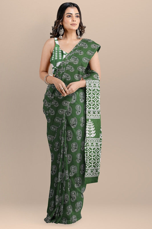 Green & White Coloured Premium Mul Mul Cotton Beautiful Hand Block printed Women Daily/Party wear Saree with Blouse!!