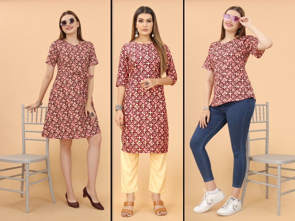 Dark Pink & Multi Coloured Premium Crepe Printed Women Daily wear Kurti, Western Top & Western Dress Combo ( 3 Pcs )!!