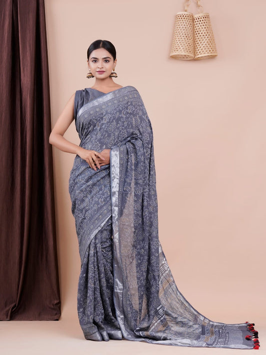 BEAUTIFUL LINEN HAND BLOCK PRINT SAREE