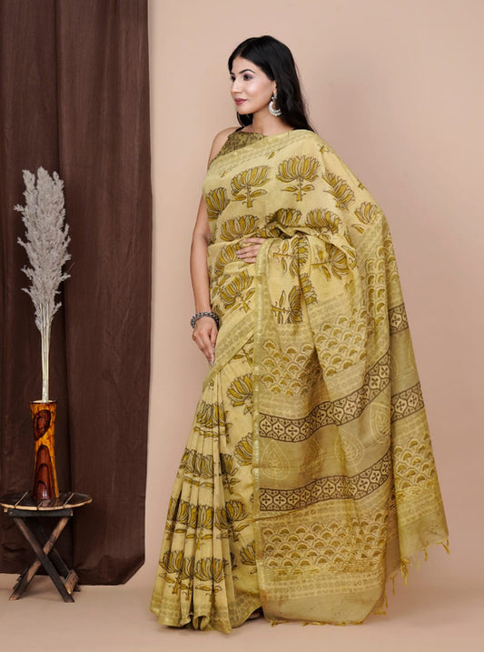 Designer Hand Block Print Chanderi Silk Saree