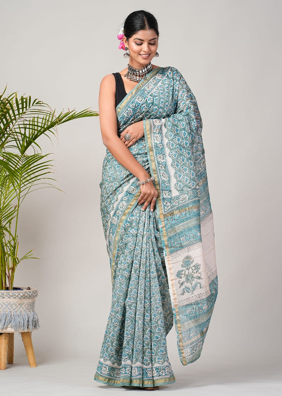 Sky Blue & Multi Coloured Hand Block Printed Women Designer Party wear Chanderi Cotton Silk Saree with Runnin Blouse!!