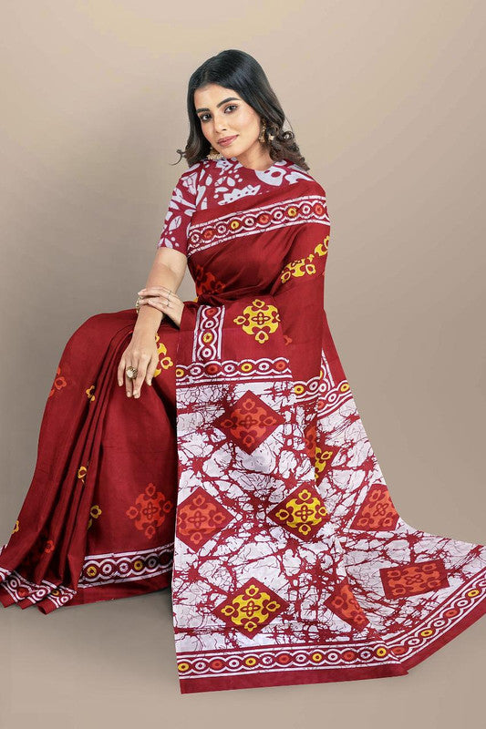 Maroon & Multi Coloured Premium Mul Mul Cotton Beautiful Hand Block printed Women Daily/Party wear Saree with Blouse!!