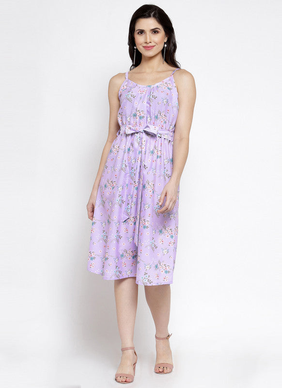 Lilac Coloured Premium Crepe Digital Printed Shoulder straps Knee Length Women Party/Daily wear Western Dress!!