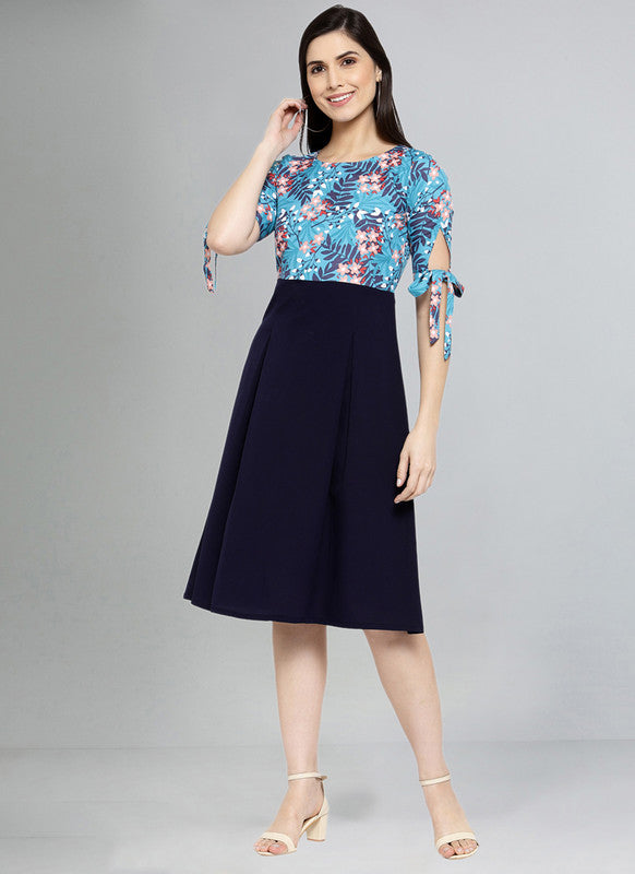 Navy Blue Coloured Premium Crepe Printed Short Sleeves Round Neck Knee Length Women Party/Daily wear Western Dress!!