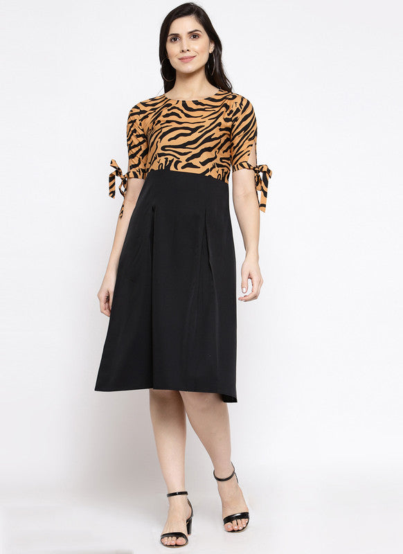 Black & Brown Coloured Premium Crepe Printed Short Sleeves Round Neck Knee Length Women Party/Daily wear Western Dress!!