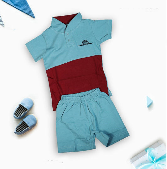 Blue Coloured Cotton Boys Chinese Collar Daily wear Top & Short Pant!!