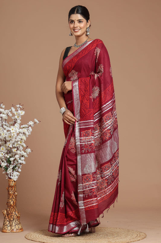 Maroon & Multi Coloured Linen Cotton Beautiful Hand Block printed Women Daily/Party wear Saree with Blouse!!