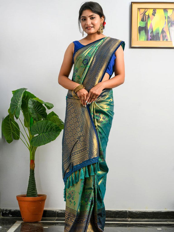 Pista Green & Blue Coloured Antique Weaving Heavy Golden Contrast Big Border Women Designer Party wear Pure Soft Kanjivaram Silk Saree with Blouse!!