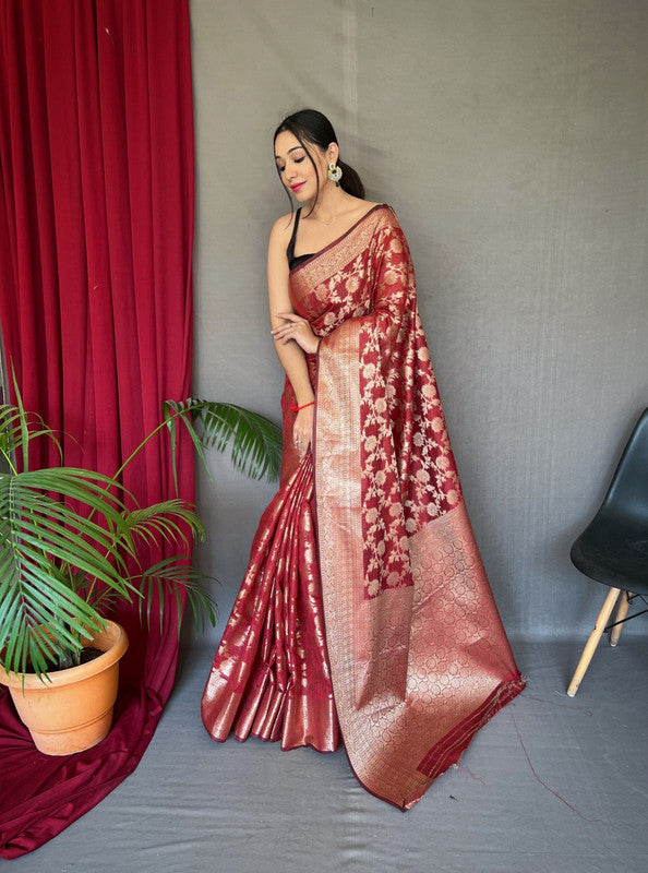 Red Coloured Pure Linen Cotton with Copper Weaving Women Designer Party wear Linen Cotton Saree with Brocade Blouse!!