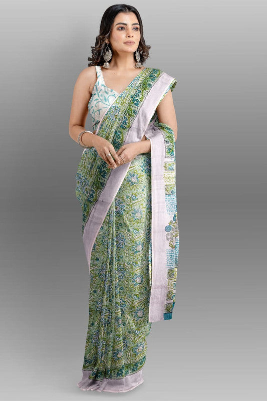 Light Green & Multi Coloured Linen Cotton Beautiful Hand Block printed Women Daily/Party wear Saree with Blouse!!