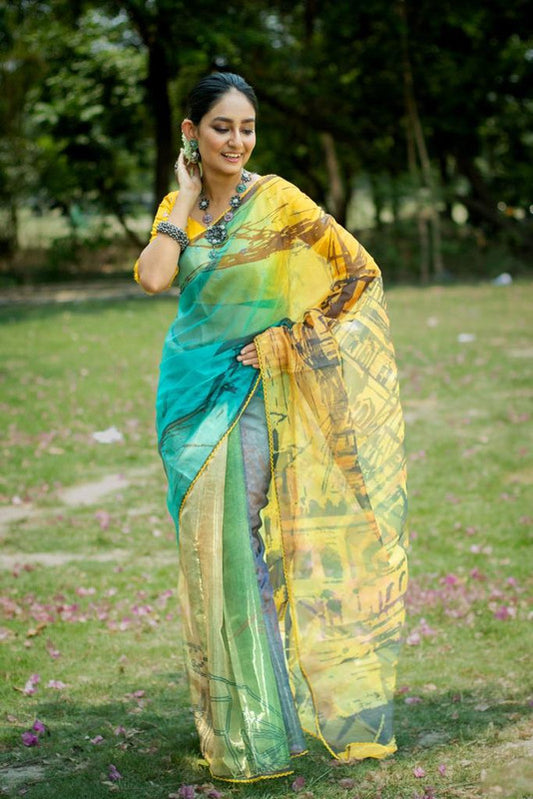 Yellow & Multi Coloured Pure Soft Oranza Silk with stylish Print & Fancy Border Women Party wear Oranza Silk Saree with Blouse!!