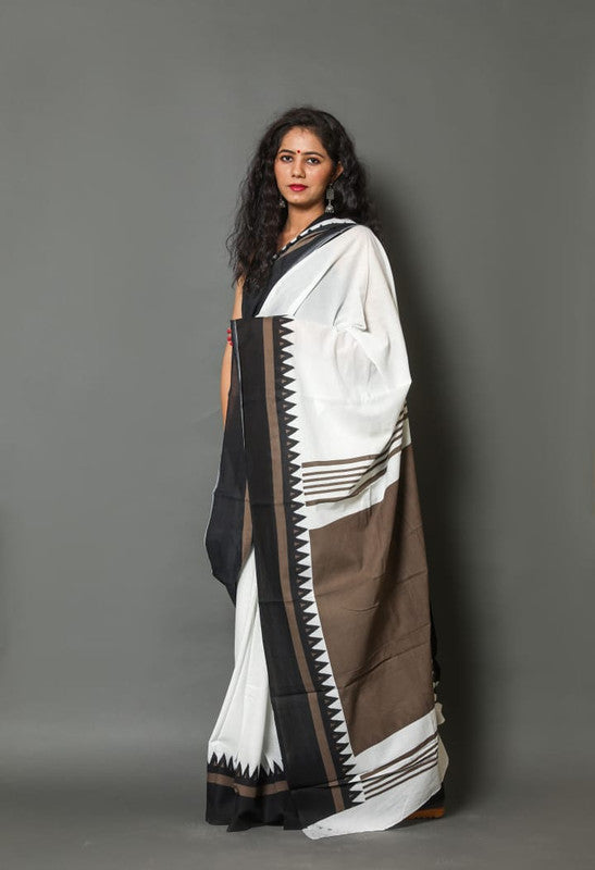 White & Black Coloured Beautiful Hand Block printed Women Daily/Party wear Pure Mul Cotton Saree with Blouse!!