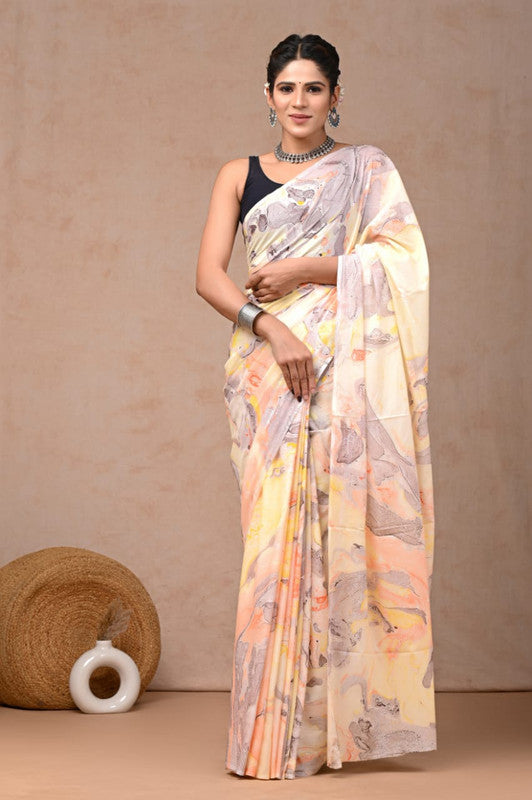 Light Peach & Multi Coloured Hand Block Bagru, Dabu & Batik Dye Print Women Designer Party wear Pure Cotton Saree with Runnin Blouse!!