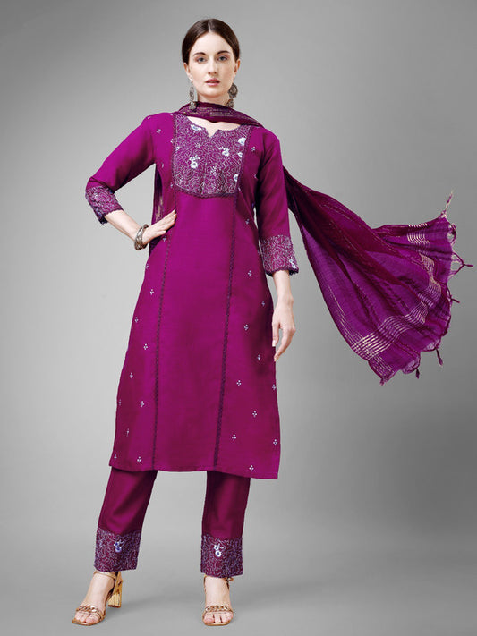Purple Coloured With Embroidery & Fancy Lace Work Women Designer Party/Casual wear Cotton Kurti with Pant & Dupatta!!