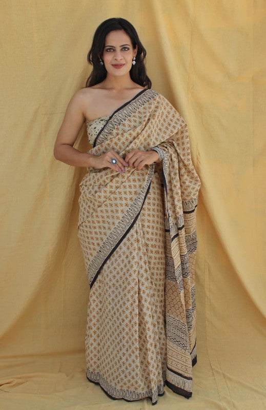 Beige & Multi Coloured Pure Cotton Beautiful Hand Block printed Women Daily/Party wear Saree with Blouse!!