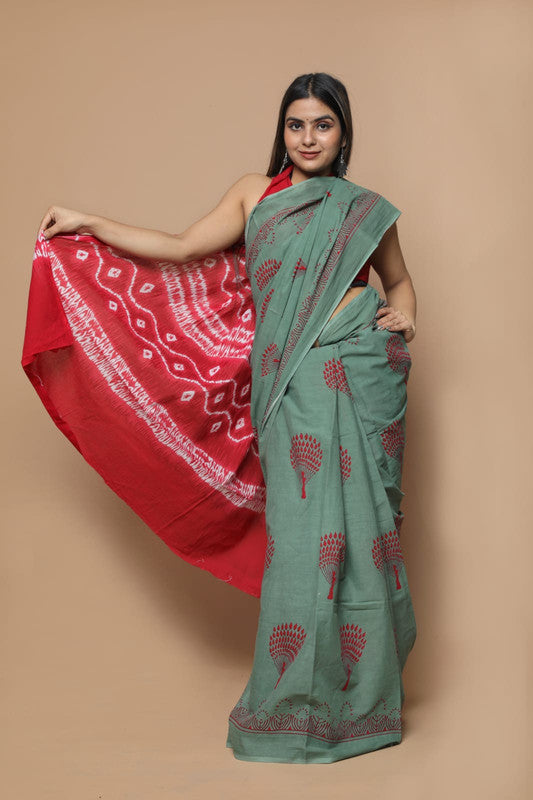 Green & Red Coloured Exclusive Hand Printed Mul Cotton Saree with Blouse!!