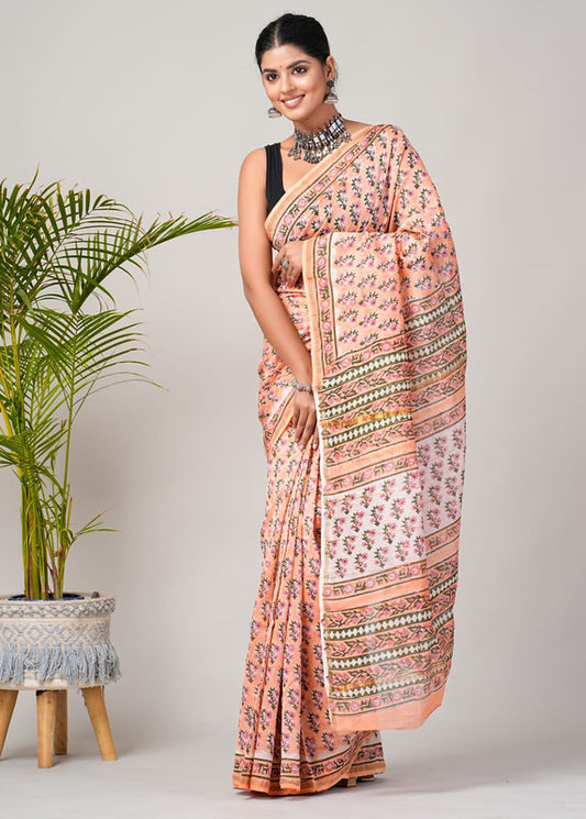 Peach & Multi Coloured Hand Block Printed Women Designer Party wear Chanderi Cotton Silk Saree with Runnin Blouse!!