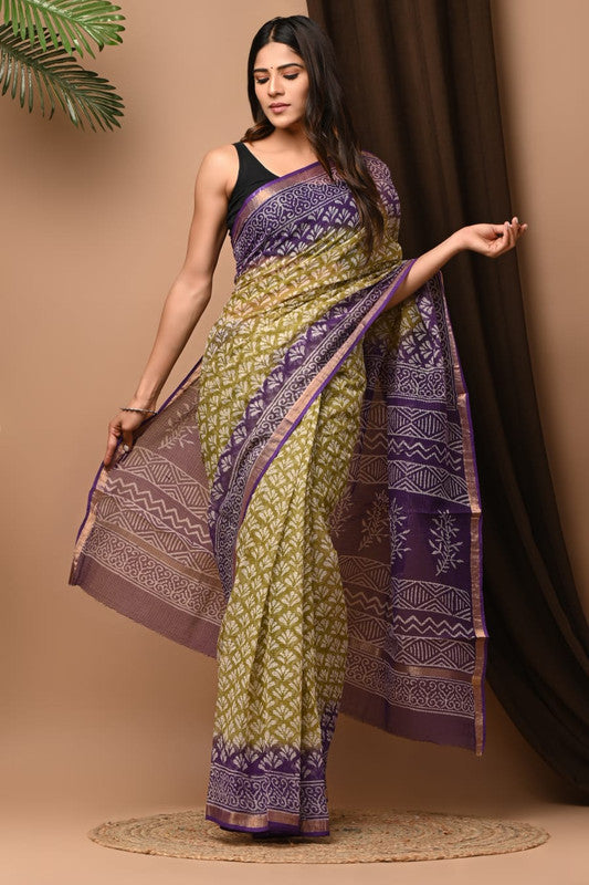 Mehendi Green & Purple Coloured Beautiful Hand Block printed Women Daily/Party wear Kota Doriya Cotton Saree with Blouse!!