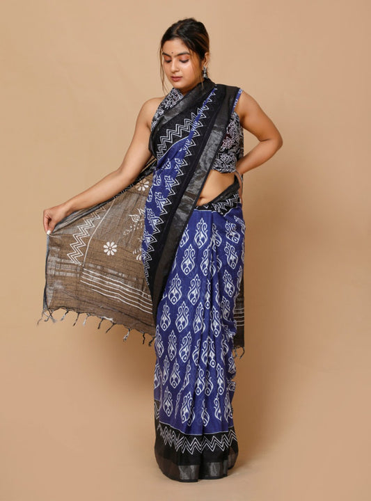 LINEN COTTON HAND BLOCK PRINT SAREE WITH BLOUSE!!