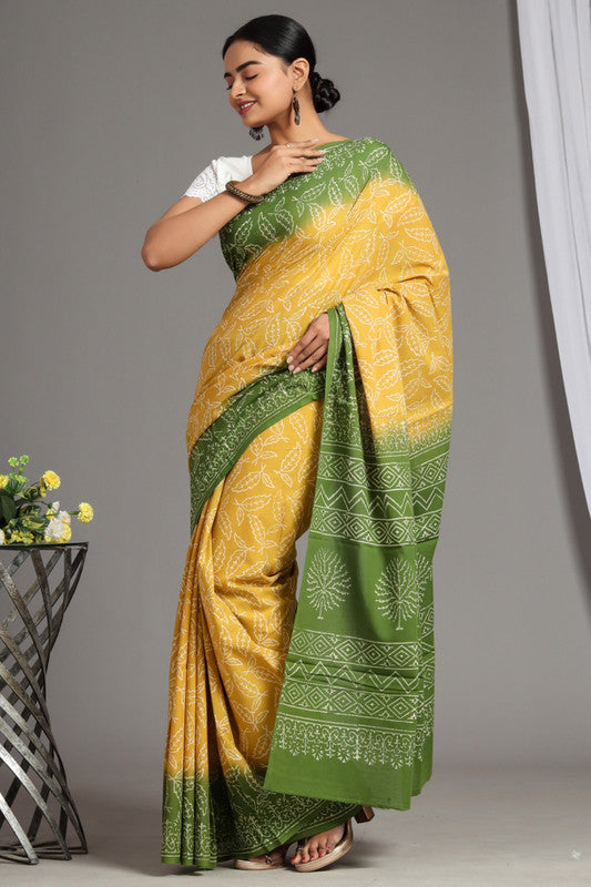 Yellow & Green Coloured Pure Cotton Beautiful Hand Block printed Women Daily/Party wear Saree with Blouse!!