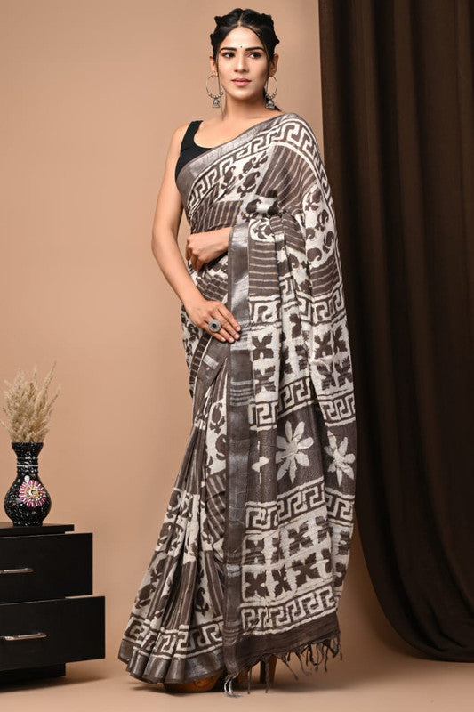 Latest Attractive Beautiful Designer Hand Block Print Linen Saree