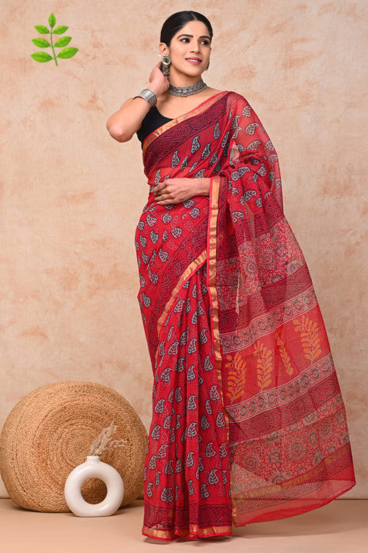 Red & Multi Coloured Kota Doriya Cotton Beautiful Hand Block printed Women Daily/Party wear Saree with Blouse!!