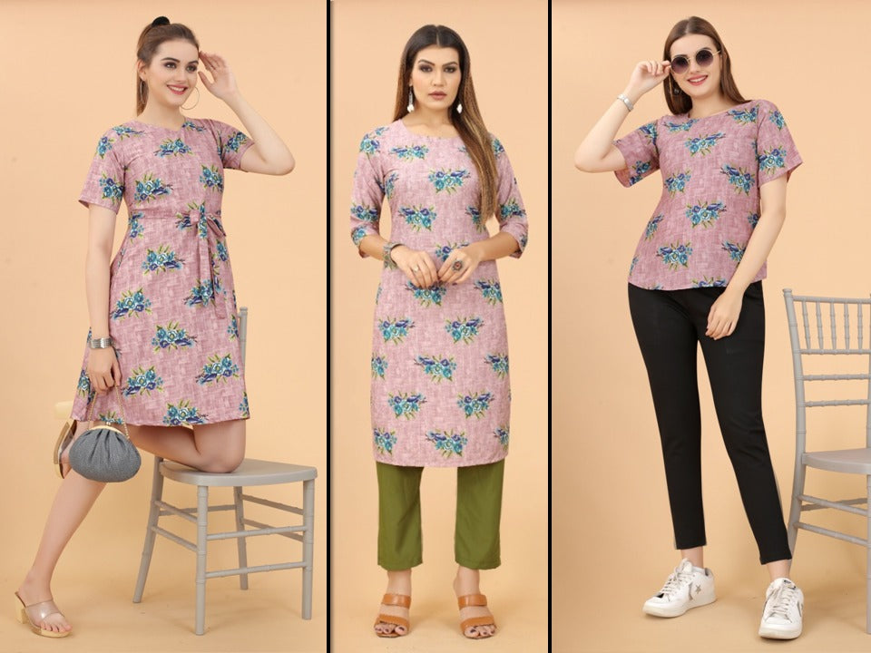 Light Pink & Multi Coloured Premium Crepe Printed Women Daily wear Kurti, Western Top & Western Dress Combo ( 3 Pcs )!!