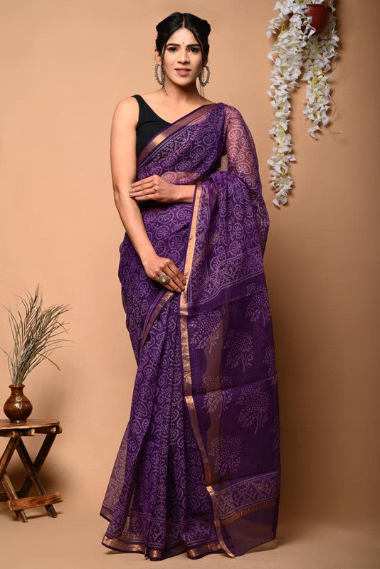 Purple & Multi Coloured Kota Doriya Cotton Beautiful Hand Block printed Women Daily/Party wear Saree with Blouse!!