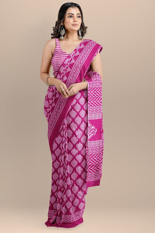 Pink & White Coloured Premium Mul Mul Cotton Beautiful Hand Block printed Women Daily/Party wear Saree with Blouse!!