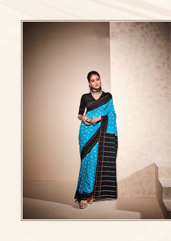 Blue & Black Coloured Soft Chanderi Cotton with Bagru Print Women Party wear Saree with Beautiful matching Blouse!!