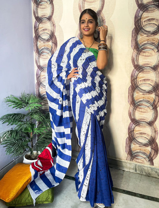 Blue & White Coloured Premium Mul Mul Cotton Beautiful Hand Block printed Women Daily/Party wear Saree with Blouse!!