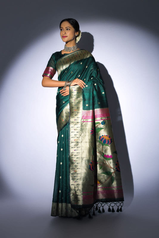 Dark Green Tussar silk Pure Paithani Silk Saree with pure zari woven broad border!!