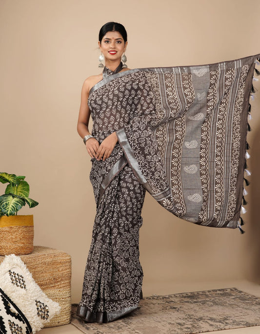 LINEN COTTON HAND PRINTED  SAREE WITH TAUSSAL