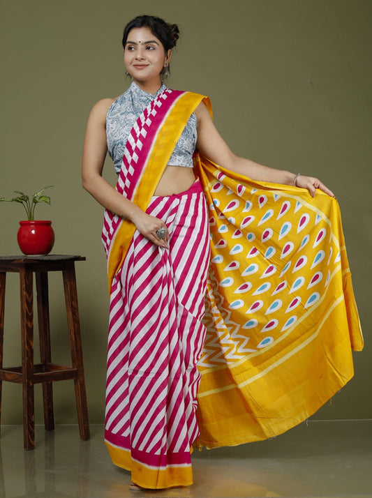 Pink & Multi Coloured Hand Printed Super dying Quality Mul Cotton Women Daily wear Saree with Blouse!!