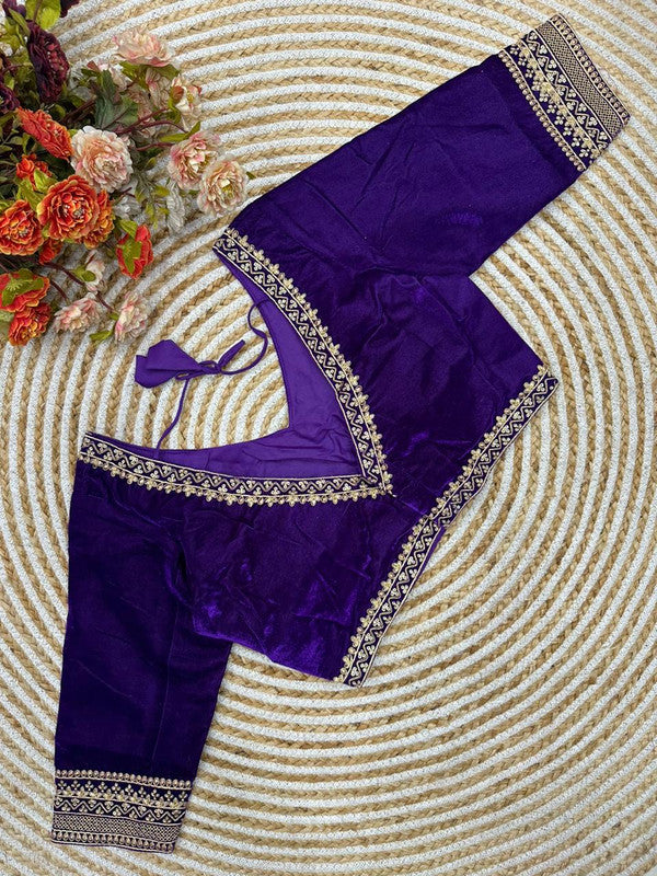 Purple Coloured Premium Pure Velvet Heavy Embroidery & Handwork Woman Ready made Designer Bridal Blouse- Free Size Up to 38 Inch!!