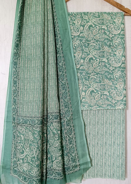 Light Green & White Coloured Unstitched Pure Cotton Hand Block Printed Women Party/Daily wear Dress Material Suit- Top with Bottom & Cotton Dupatta!!