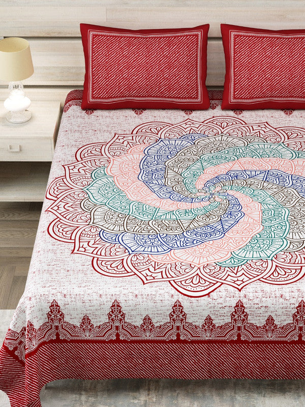 Maroon & Multi Coloured Pure Cotton Beautiful Hand Printed King size Double Bed sheet with 2 Pillow covers!!