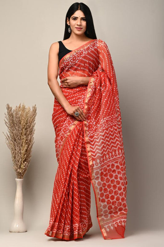 Red & Multi Coloured Kota Doriya Cotton Beautiful Hand Block printed Women Daily/Party wear Saree with Blouse!!